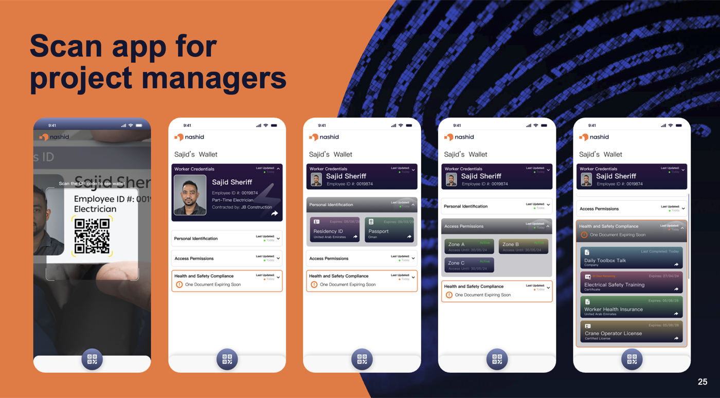 Nashid mobile scan app screens for project managers