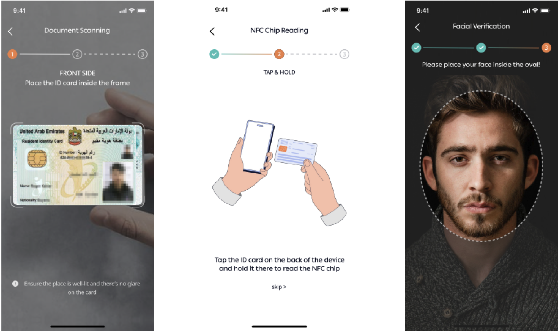 Document scanning, NFC chip reading, and facial verification screens