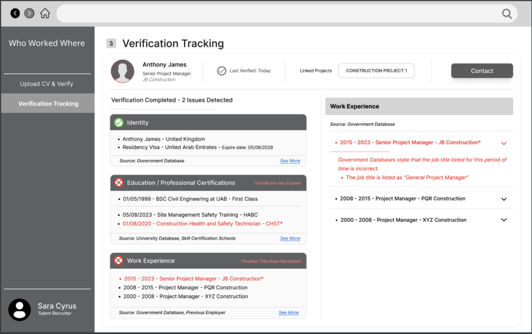 Verification tracking interface for worker credentials